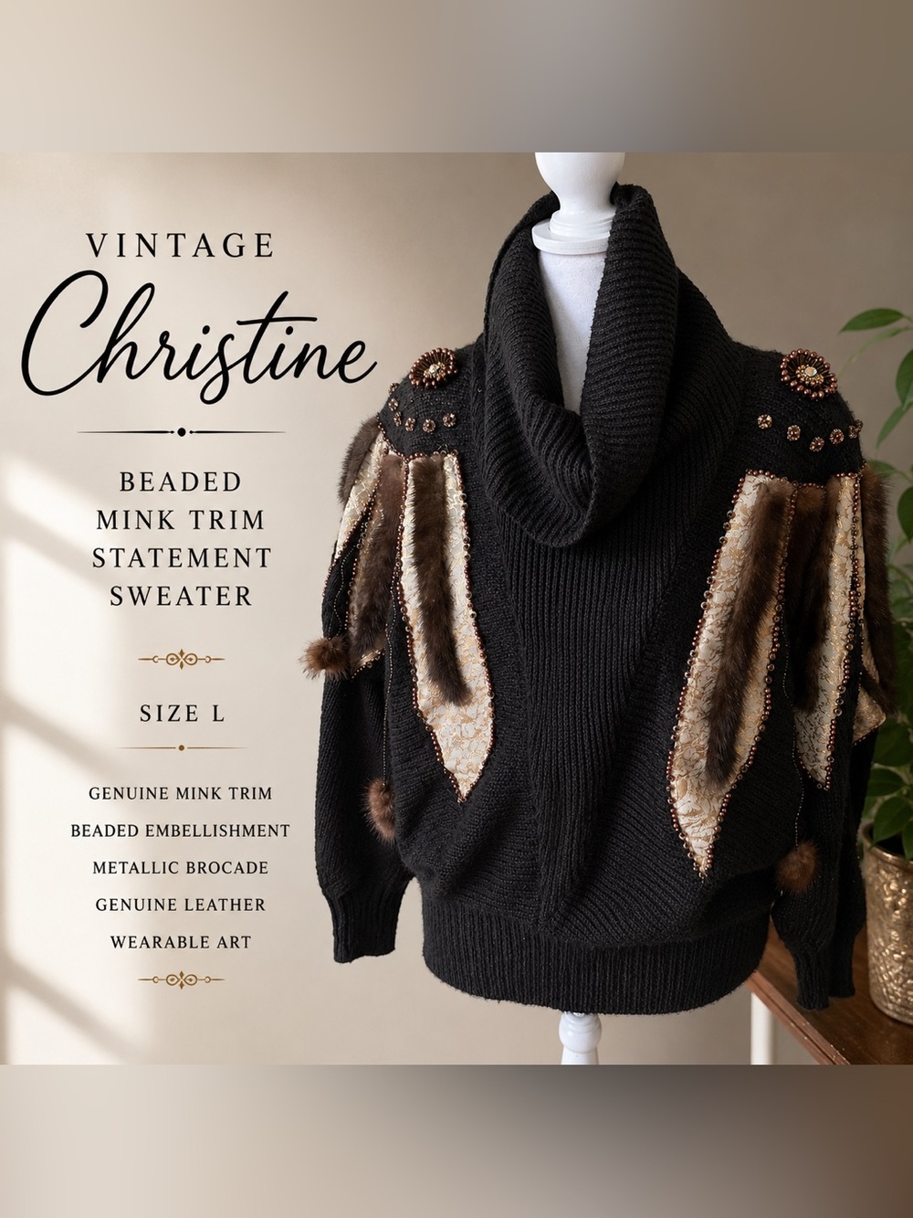 Vintage Christine Mink Trim Beaded Cowl Sweater L
